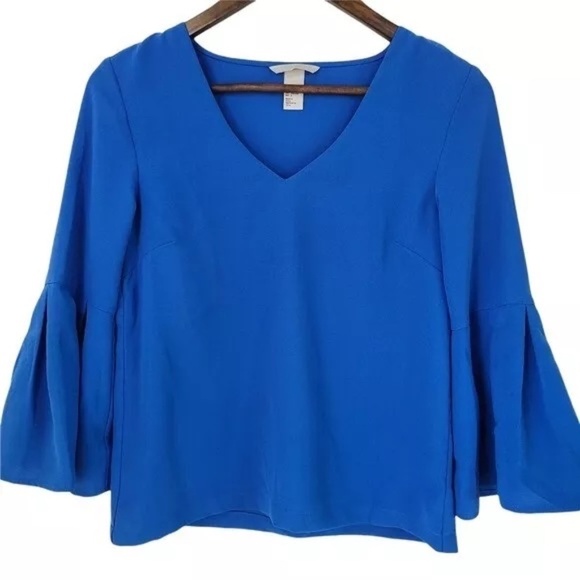 H&M Blue V-Neck Bell Sleeve Women's Top Size 2 - Picture 1 of 9